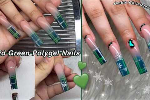 PLAID GREEN POLYGEL NAILS💚 HOW TO OMBRE + CHRISTMAS NAIL DESIGN! | Nail Tutorial