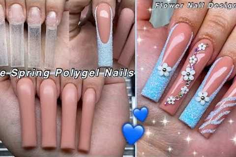 BLUE SPRING POLYGEL NAILS💙 3D FLOWER NAIL DESIGN + GLITTER FRENCH TIPS | Nail Tutorial