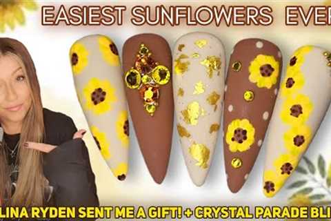 🌻 Easy Sunflower Nail Art Design | A Gift From Celina Ryden!! | Crystal Parade Bling | Spring..